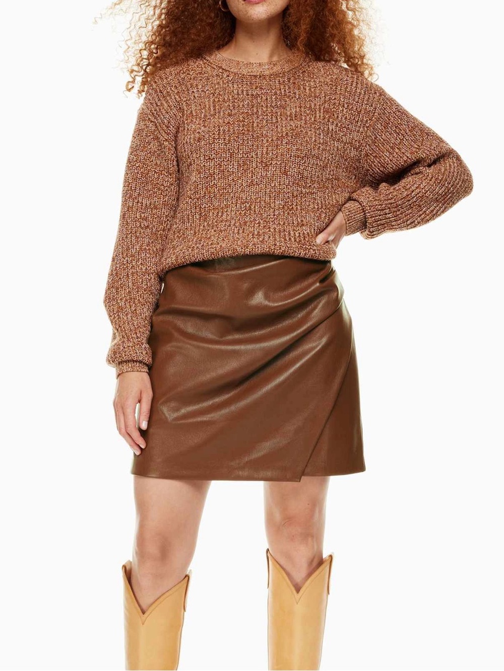 Wilfred Aritzia Faux Leather Wrap Mini Skirt in Cognac